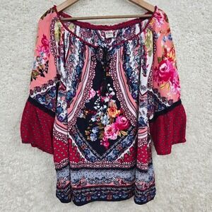 Bila Top Womens XXL Floral Patchwork Scoop Neck Boho Peasant Artsy Cottagecore